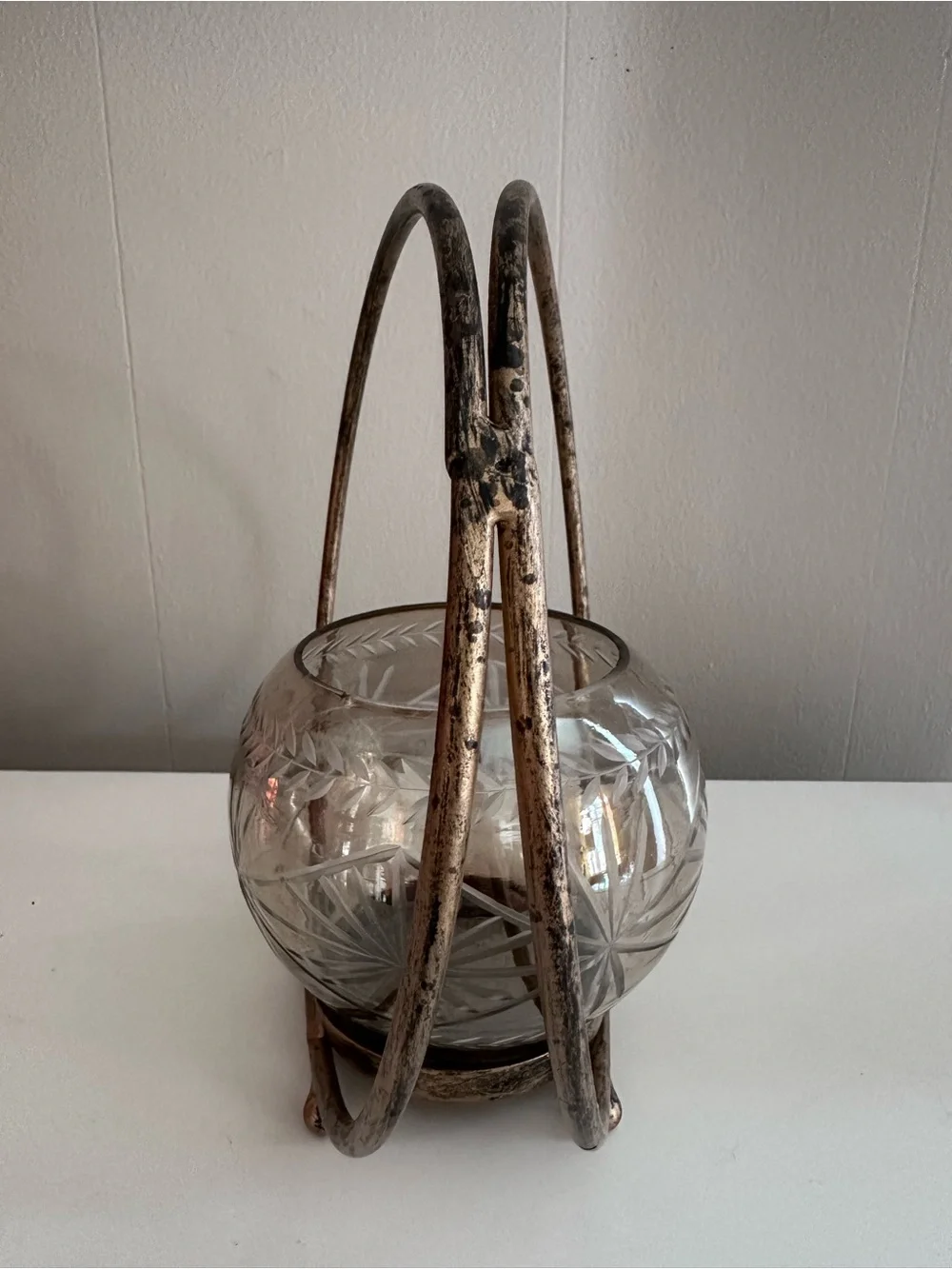 Etched Glass Globe With Distressed Brass Hoop Frame - Candle Holder or Planter